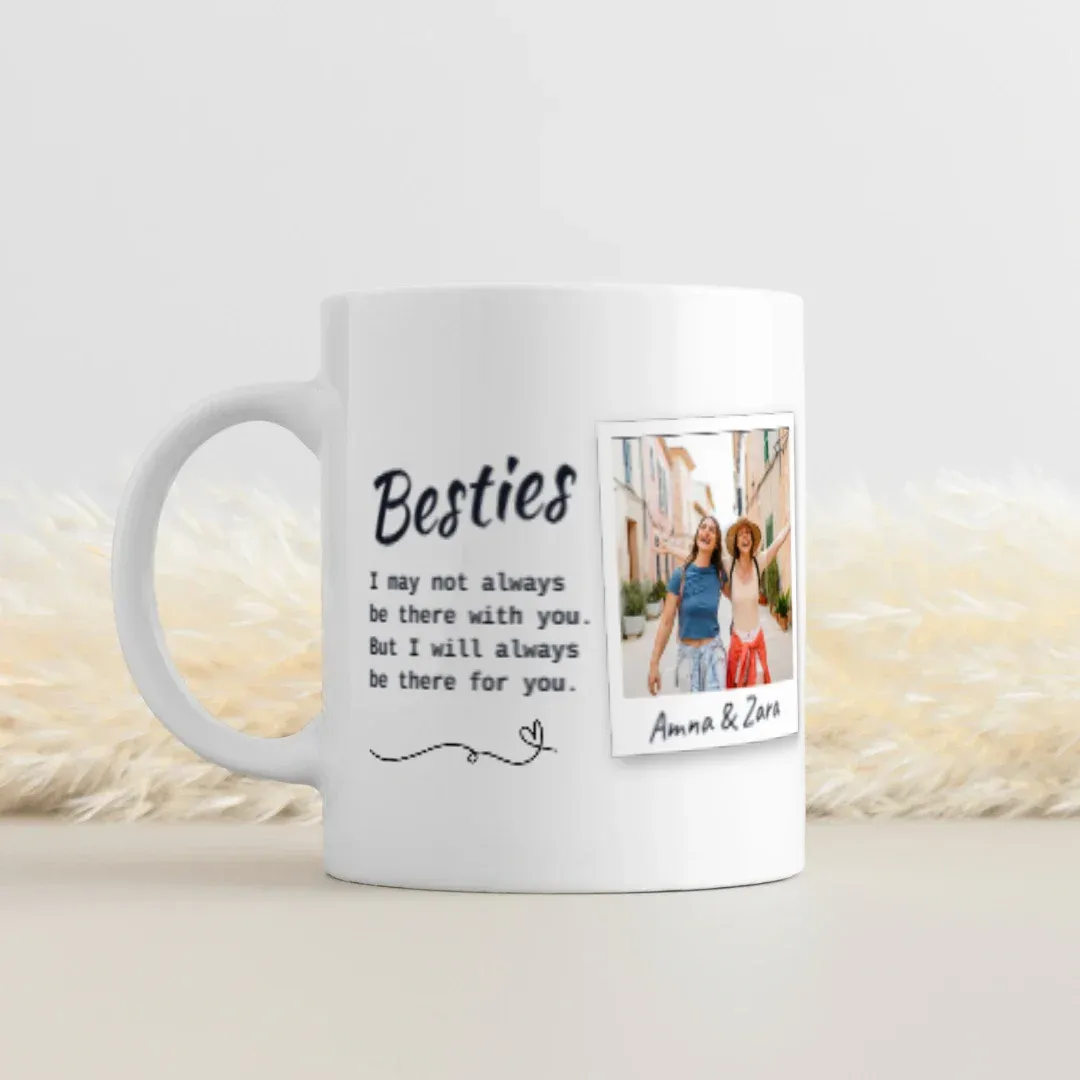 Modern Besties Quote Personalized Photo BFF Coffee Mug, on a mug