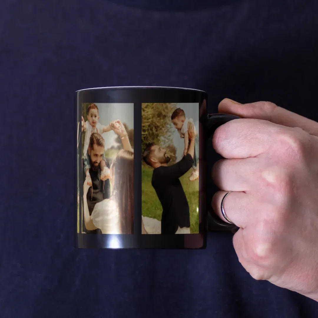 Custom 4-Photo "Family" Name Collage Mug, in hand view