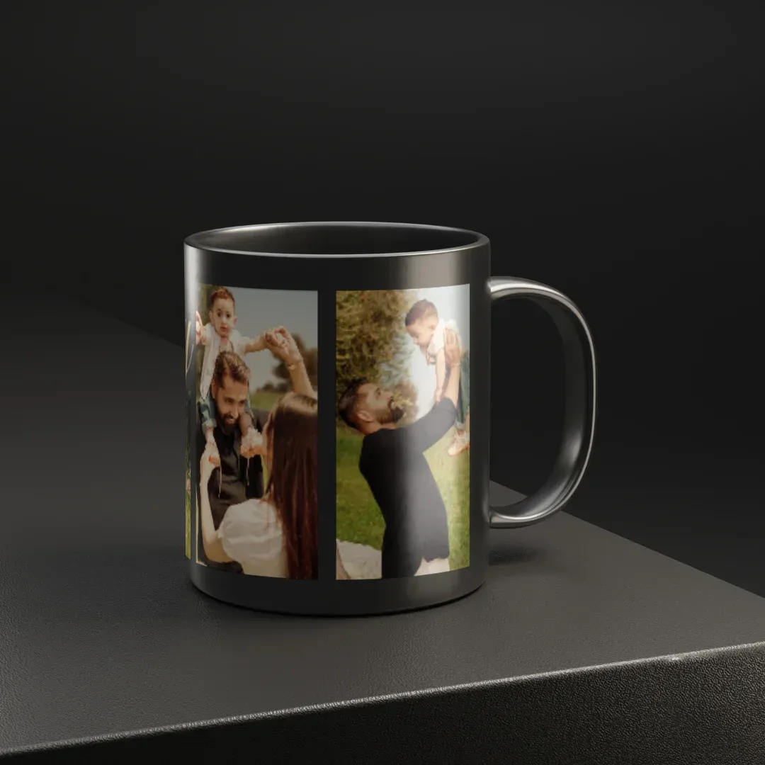 Custom 4-Photo "Family" Name Collage Mug, on the table view