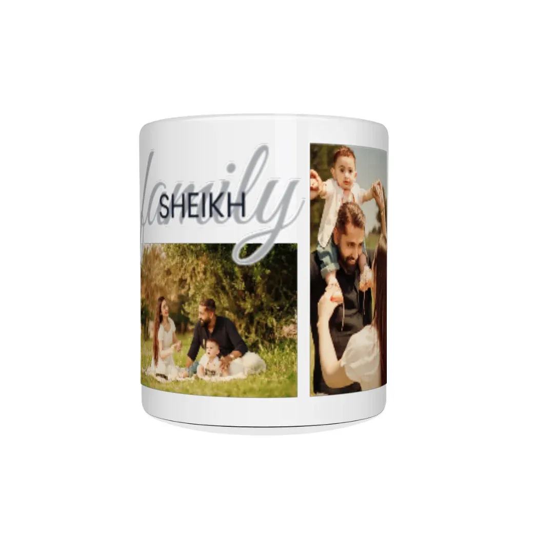 Custom 4-Photo "Family" Name Collage Mug, front view