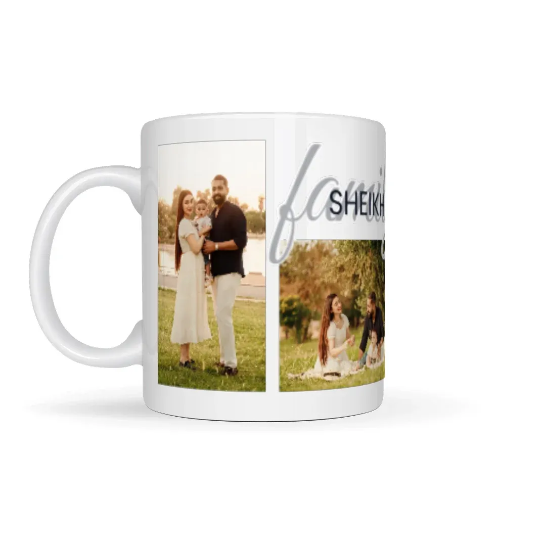 Custom 4-Photo "Family" Name Collage Mug, left view