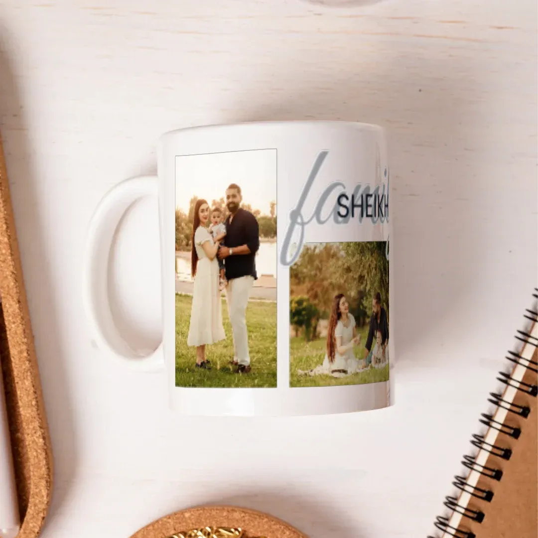 Custom 4-Photo "Family" Name Collage Mug, on a mug